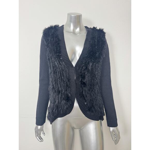 Joie Sweater Womens Small Black Rabbit Fur Trim Cardigan Wool Hook Eye Knit - Picture 1 of 16